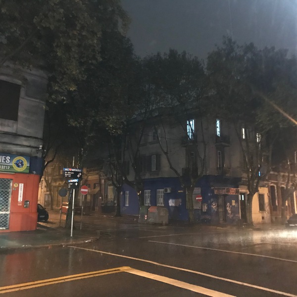 Montevideo street corner on a rainy night