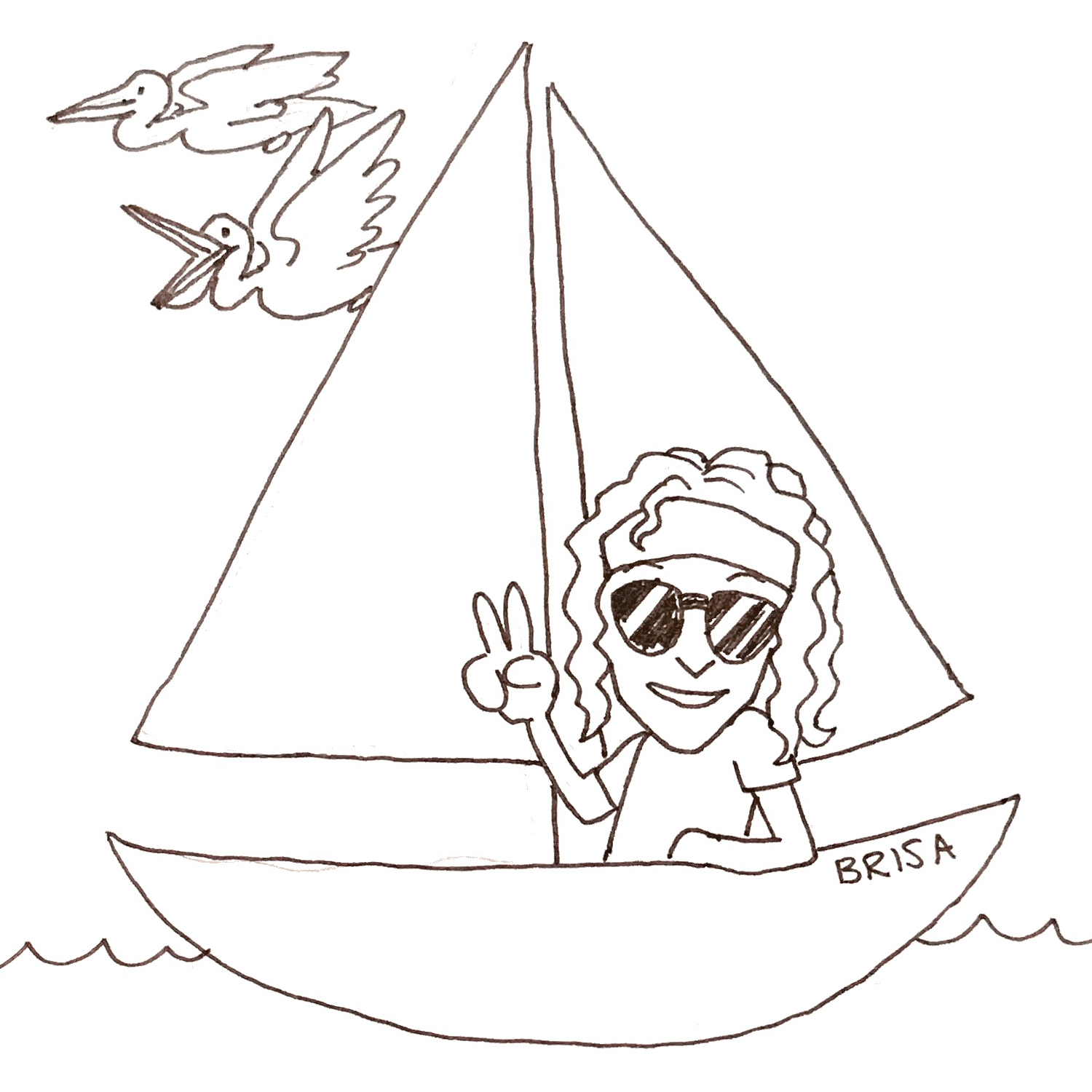 Cartoon drawing by Rowan the Red of me sailing Brisa